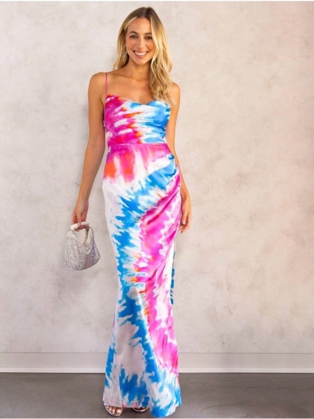 Retrofete Silk Satin Marlene Cotton Candy Tie Dye Maxi Slip Dress Gown S [TE]